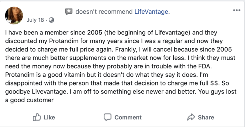 LifeVantage Facebook Negative Review 18 July 2019 with no response 19 August 2019