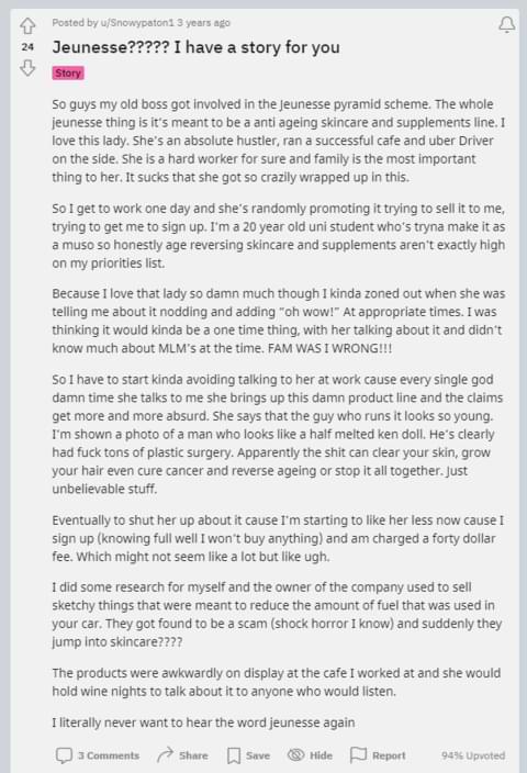 Jeunesse bad review story about an old boss selling Jeunesse