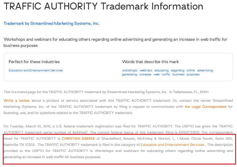 Is Traffic Authority a scam trademark information