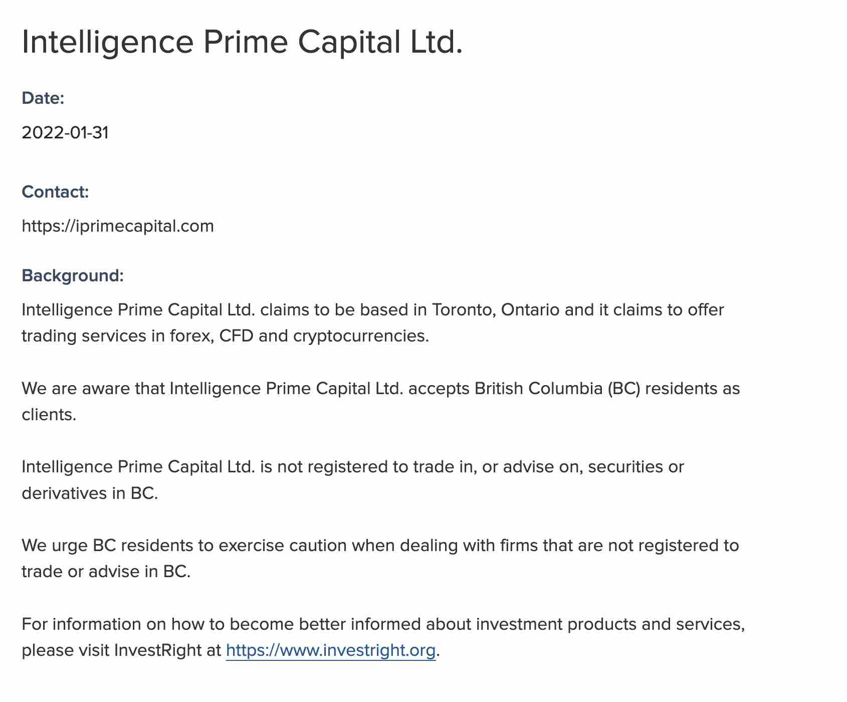 is intelligence Prime capital a scam securities commission statement