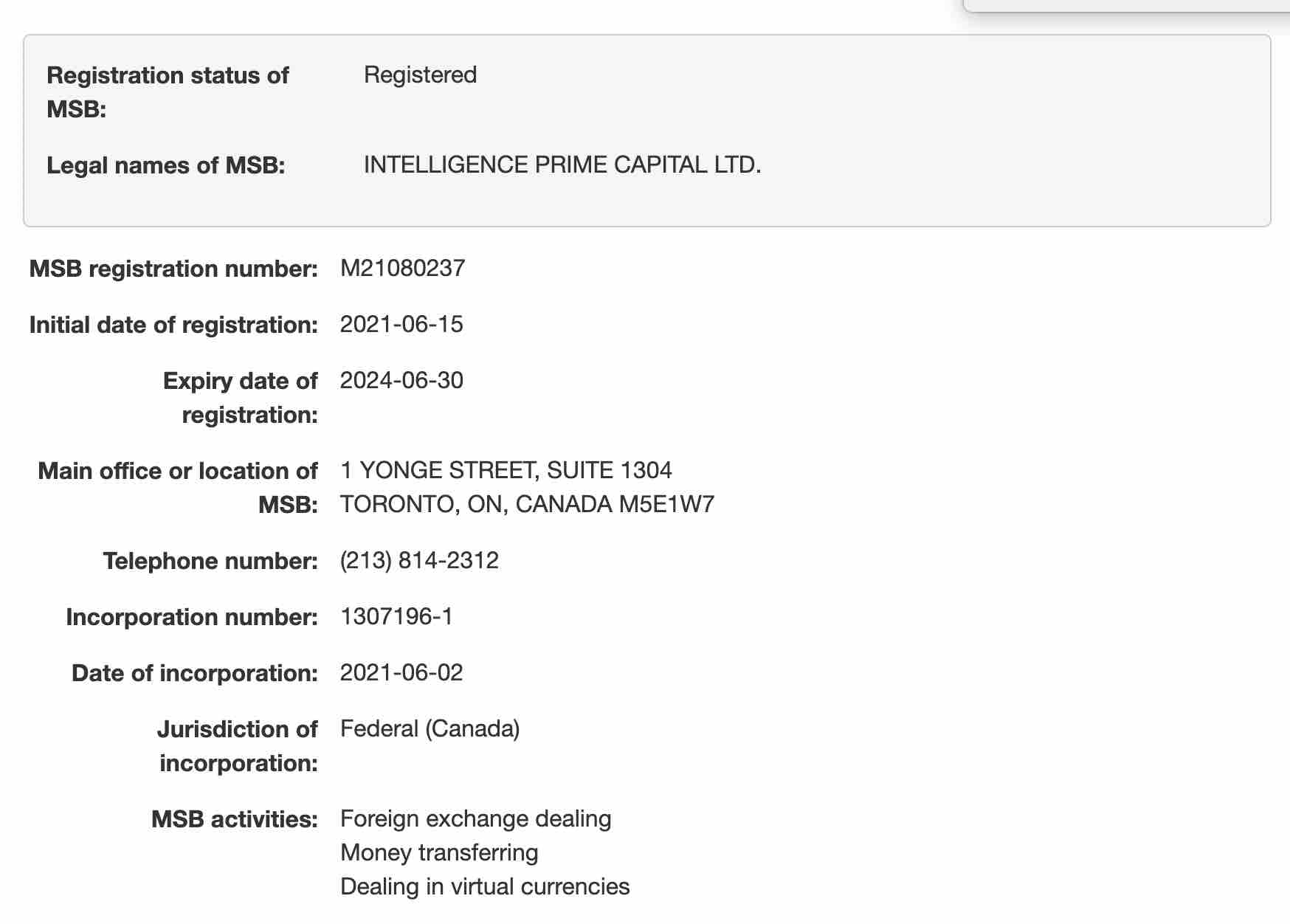 is intelligence Prime capital a scam Fintrac registration