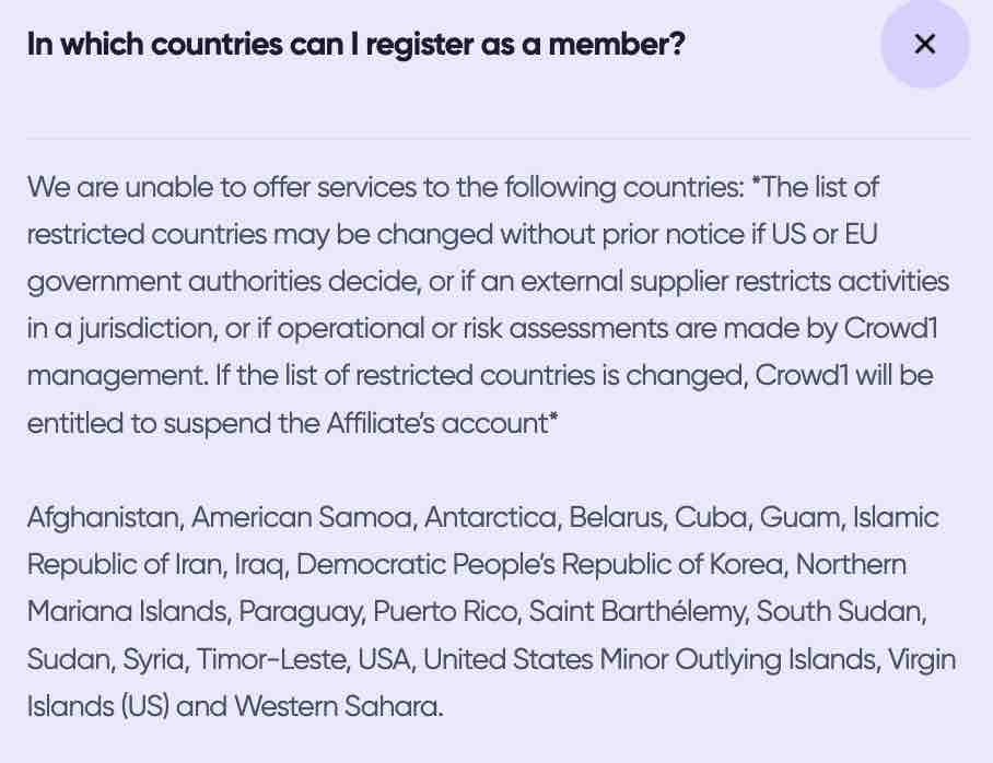 Is crowd1 a scam list of countries whre Crowd1 is restricted